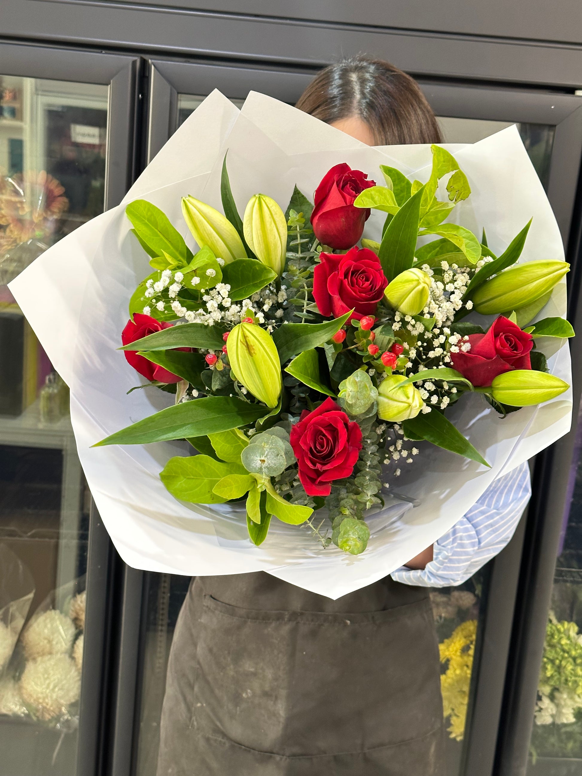 Christmas red rose and white lily bouquet - Vermont Florist