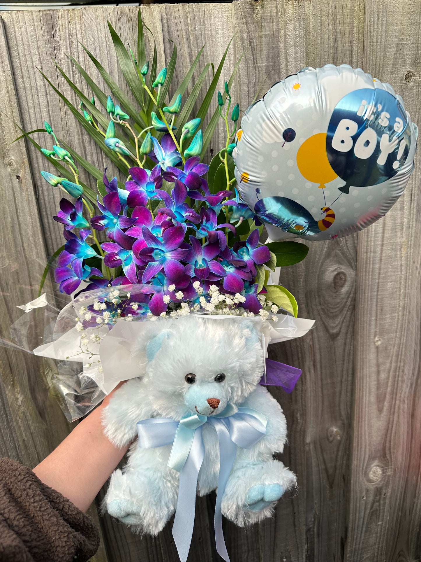 Baby boy blue orchid gift bundle - Vermont Florist