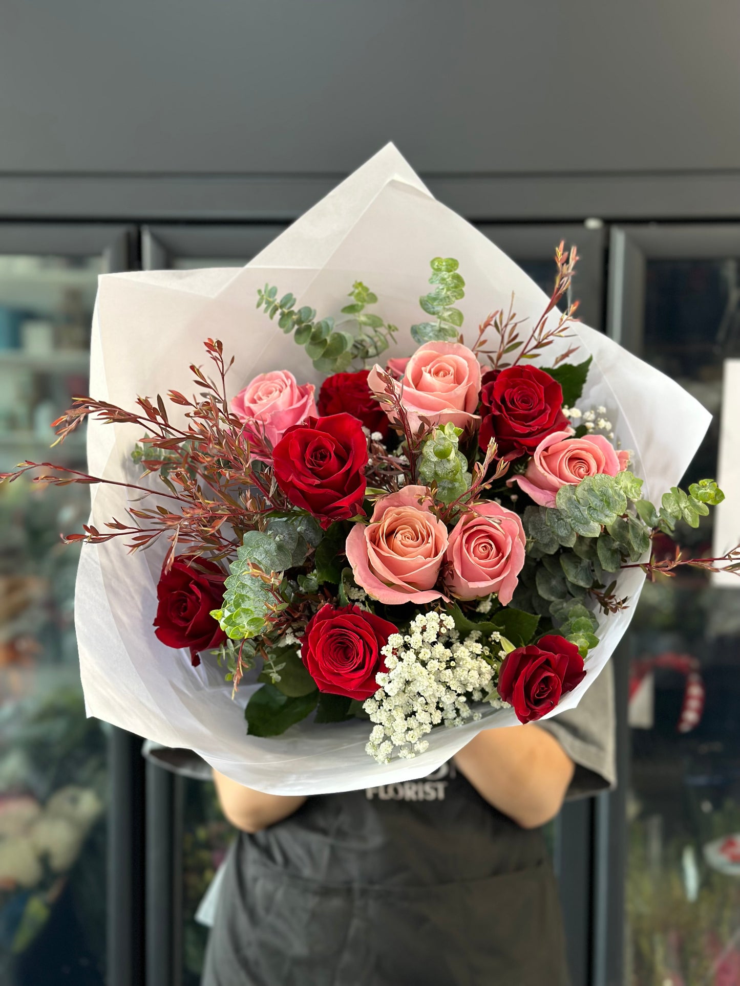 Dozen mixed red and pink rose bouquet - Vermont Florist