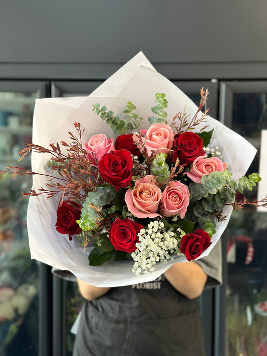 Dozen mixed red and pink rose bouquet - Vermont Florist