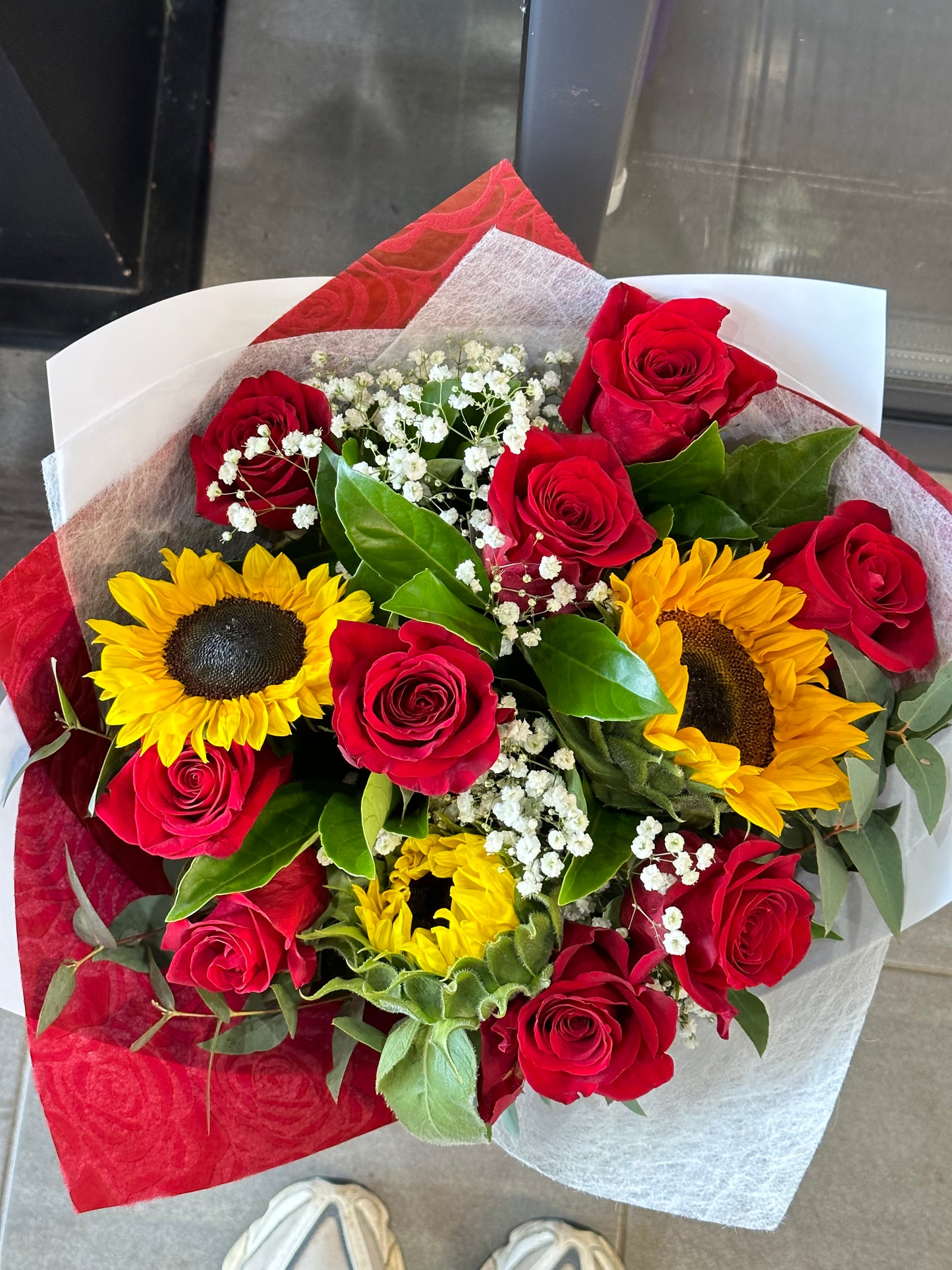 Red roses and sunflower bouquet - Vermont Florist