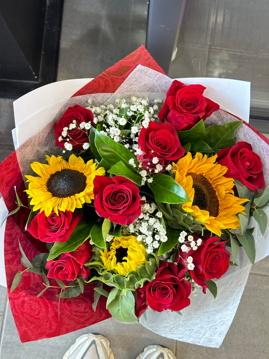 Red roses and sunflower bouquet - Vermont Florist