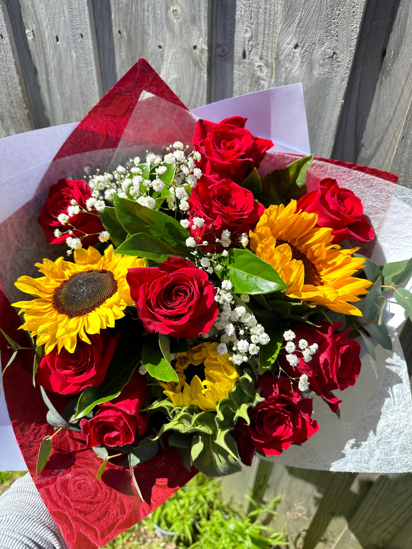 Red roses and sunflower bouquet - Vermont Florist