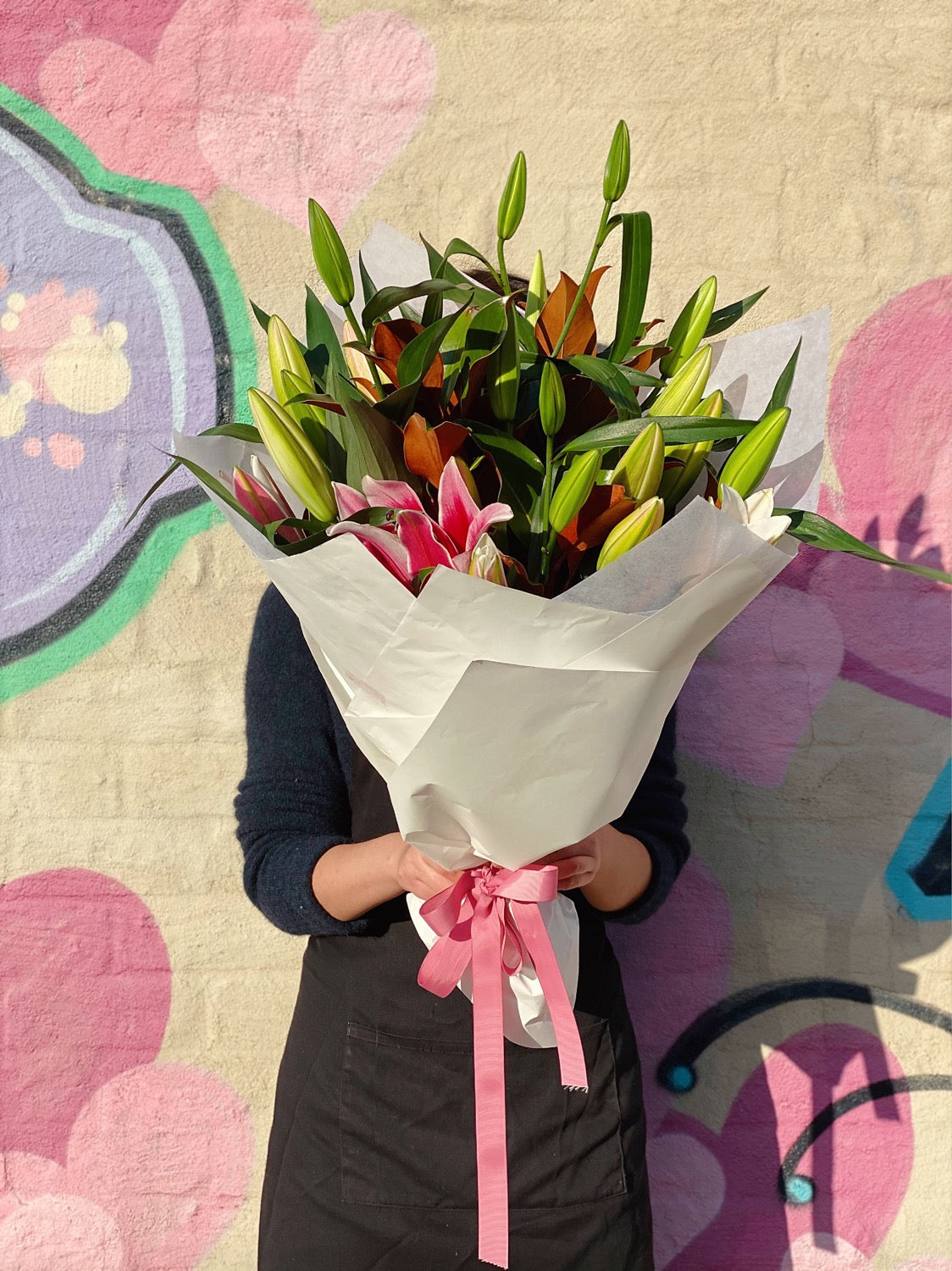 PINK Oriental lily Bouquet with foliage - Vermont Florist