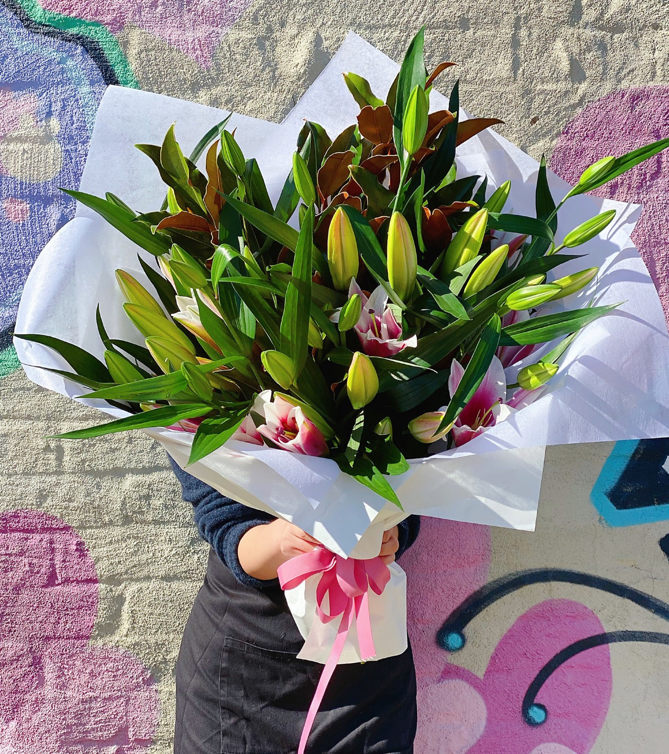 PINK Oriental lily Bouquet with foliage - Vermont Florist