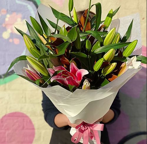 PINK Oriental lily Bouquet with foliage - Vermont Florist