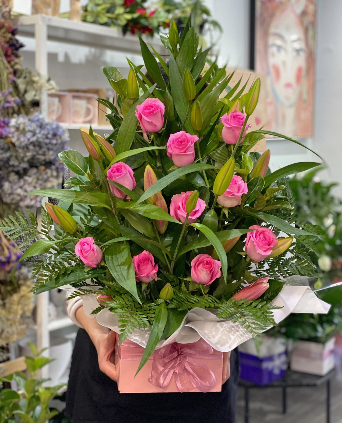 Perfumed Pink oriental lily with pink roses - Vermont Florist