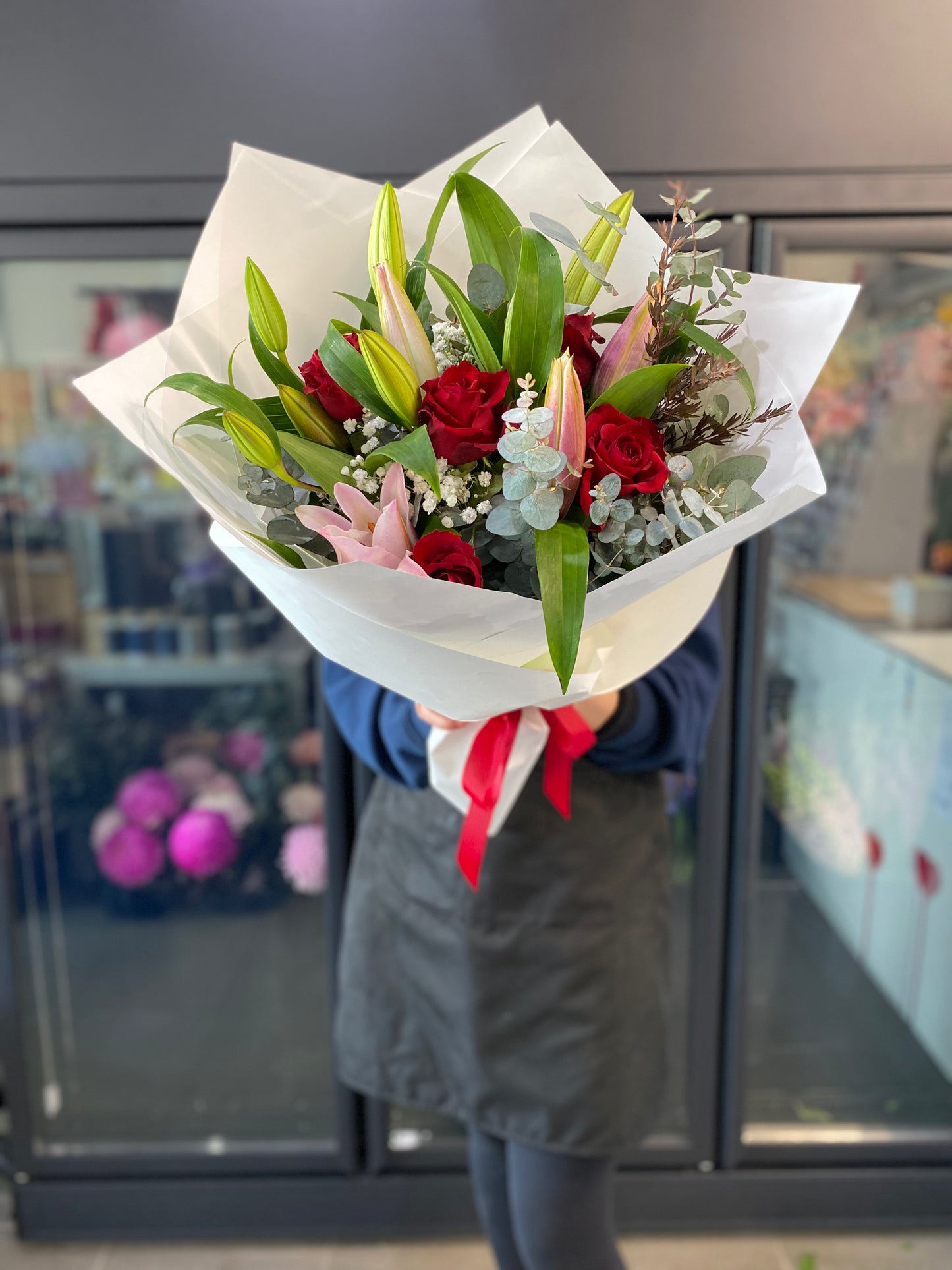 Classic oriental lily and rose bouquet RED - Vermont Florist