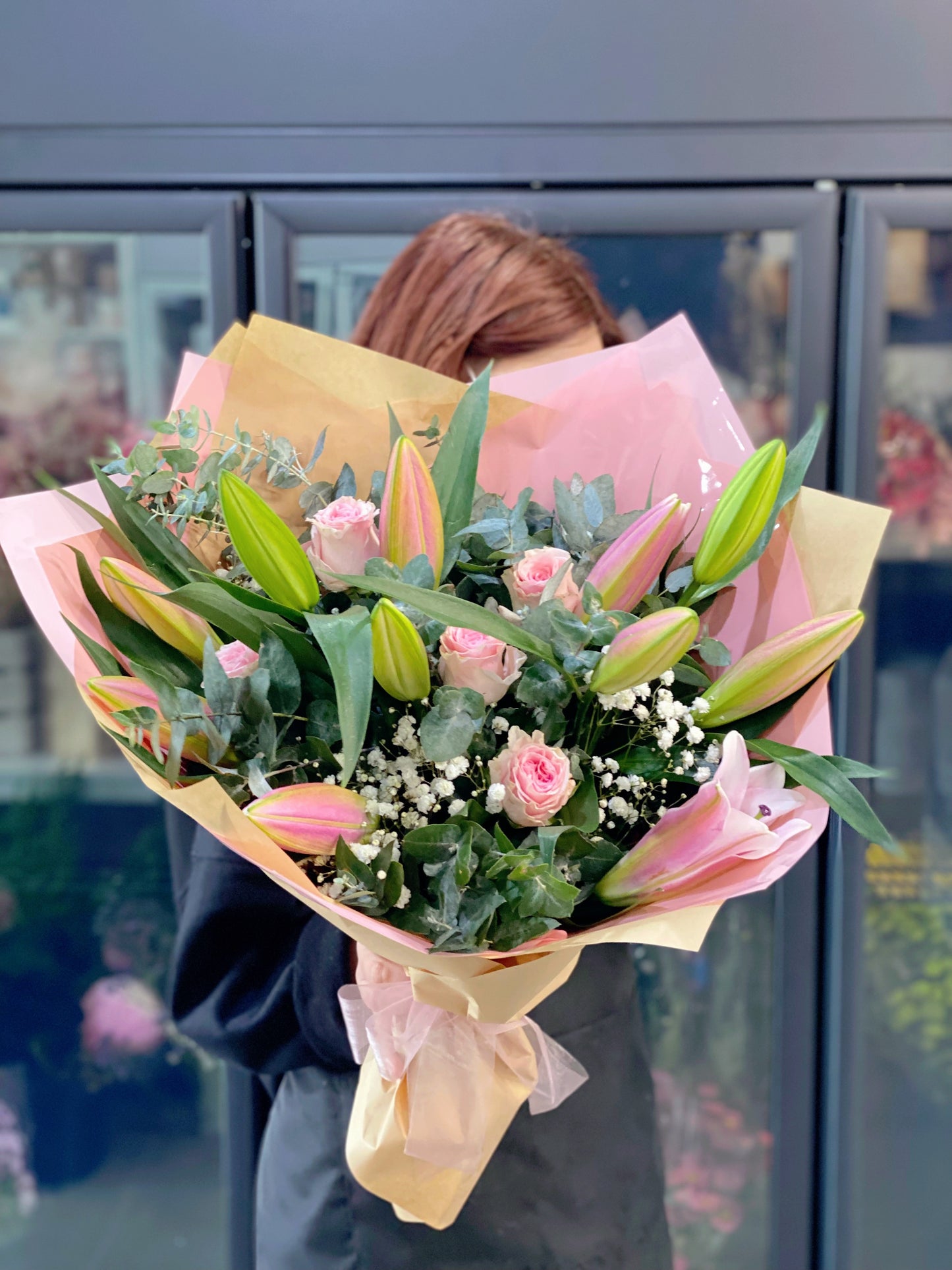 Classic oriental lily and rose bouquet PINK - Vermont Florist
