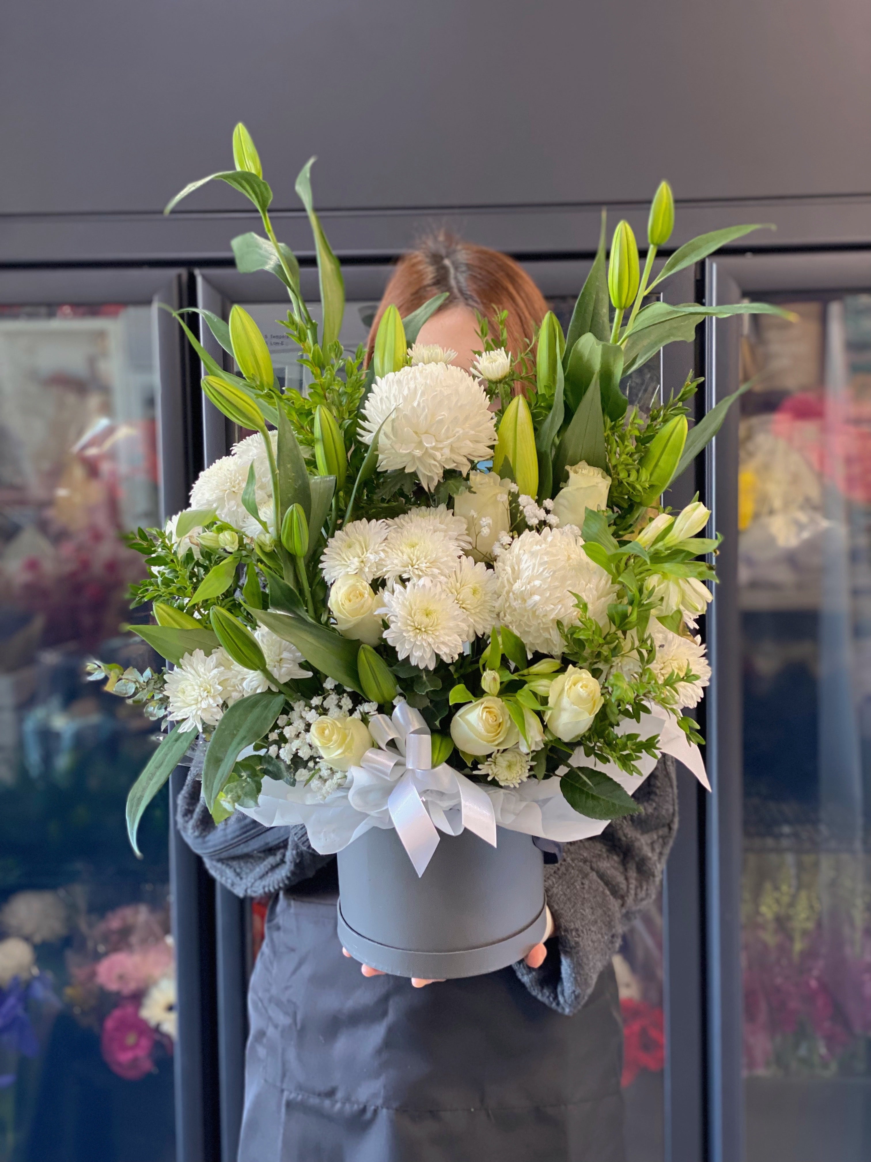 Luxury white hat box arrangement - Vermont Florist