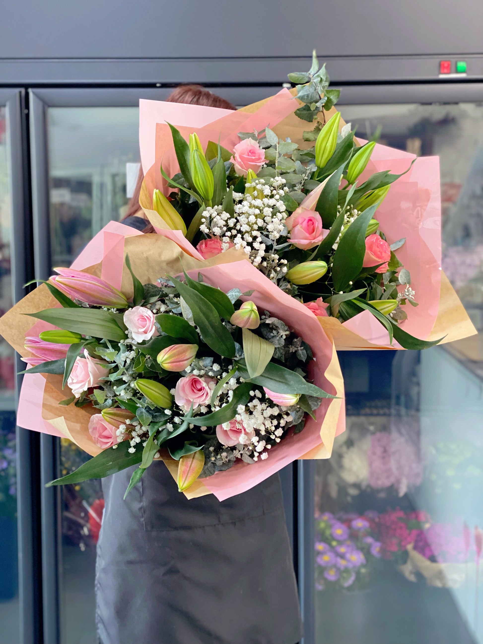 Classic oriental lily and rose bouquet PINK - Vermont Florist