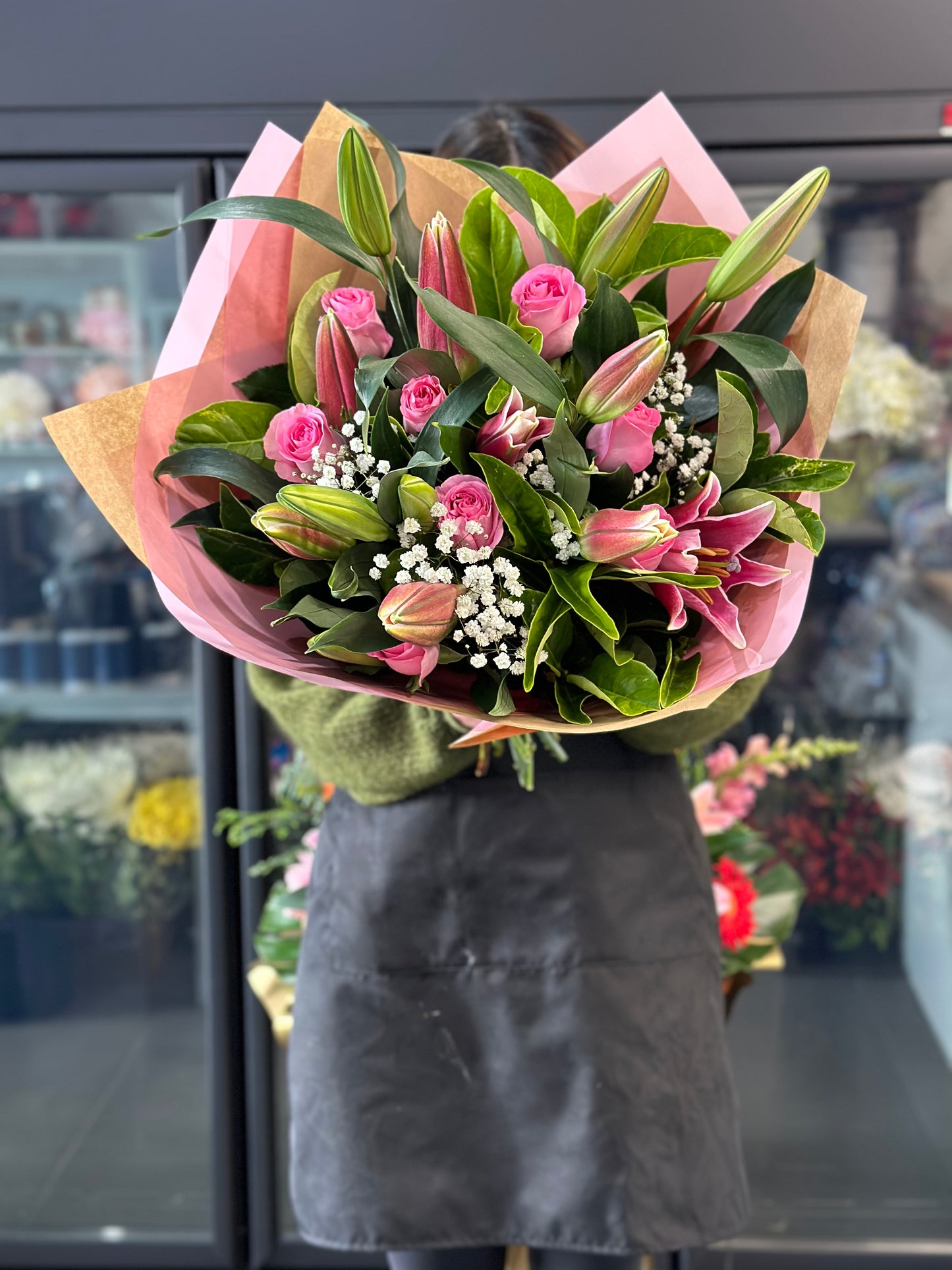 Classic oriental lily and rose bouquet PINK - Vermont Florist