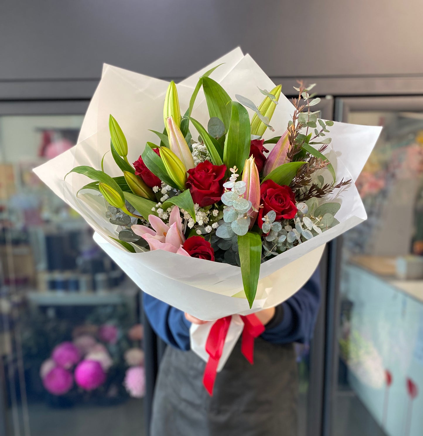 Classic oriental lily and rose bouquet RED - Vermont Florist