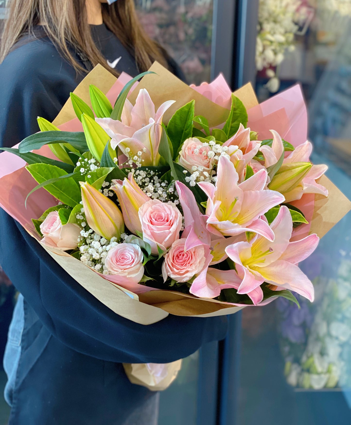 Classic oriental lily and rose bouquet PINK - Vermont Florist