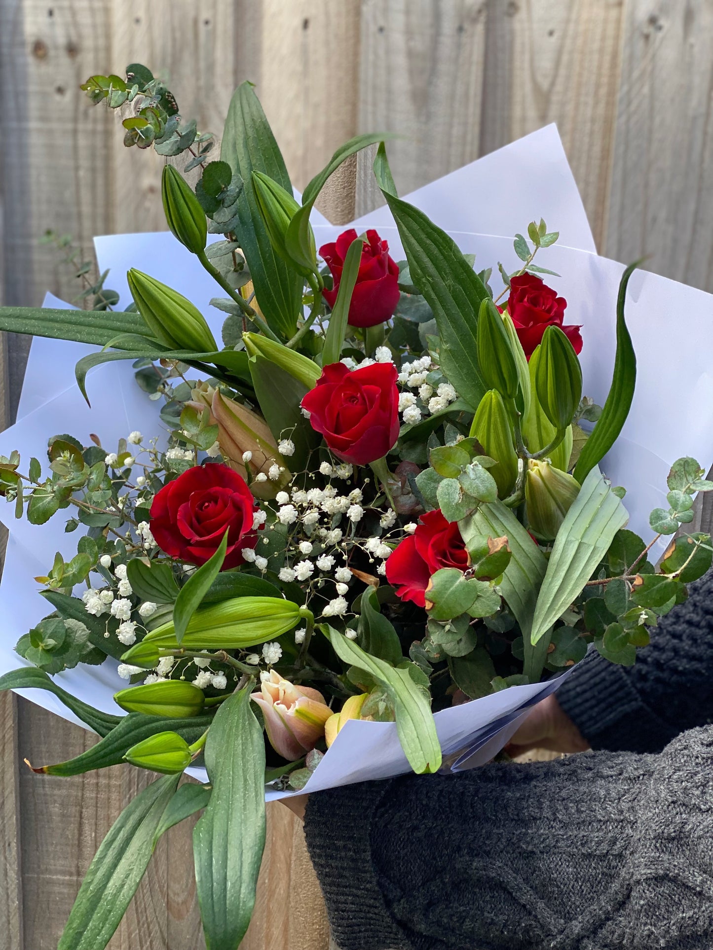 Classic oriental lily and rose bouquet RED - Vermont Florist