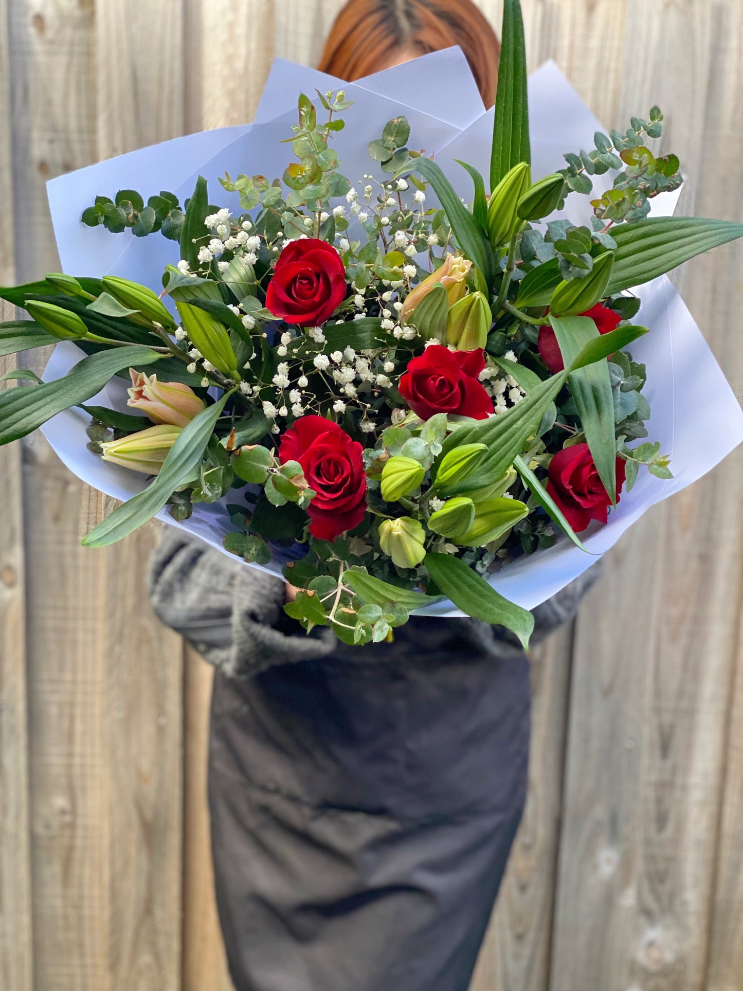 Classic oriental lily and rose bouquet RED - Vermont Florist