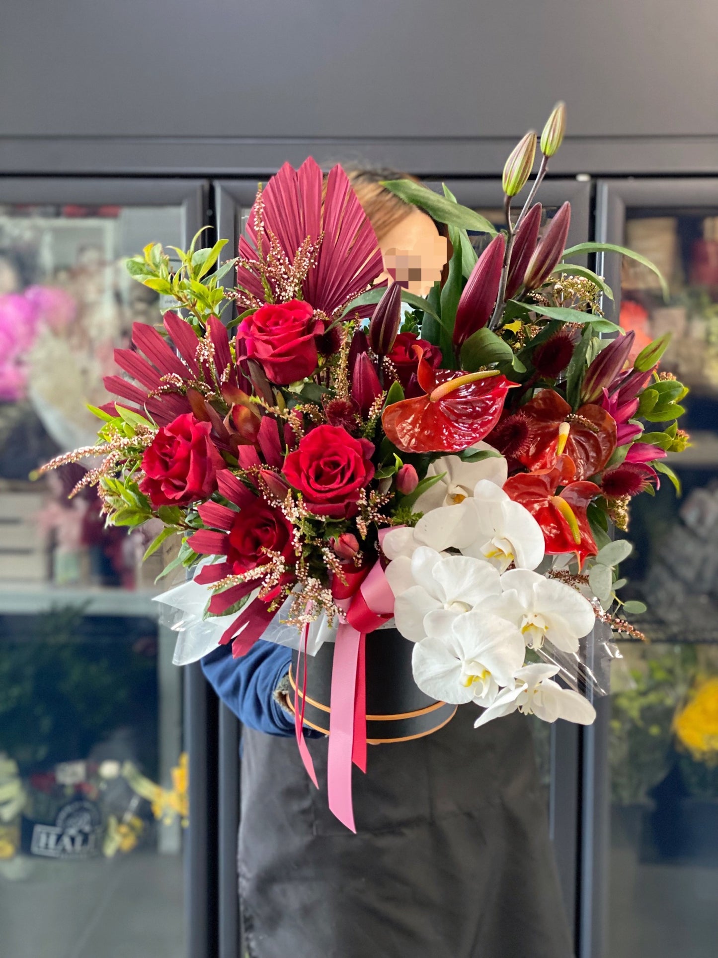Luxury hat box arrangement (Red tone designer choice) - Vermont Florist