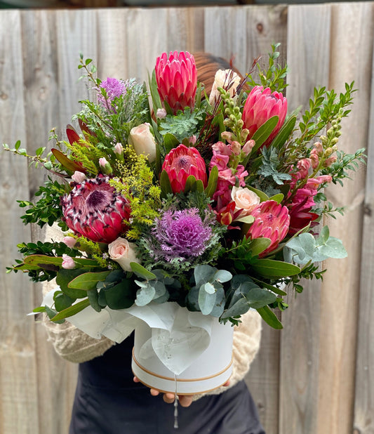 Seasonal native hat box arrangement (with seasonal fresh flowers) - Vermont Florist