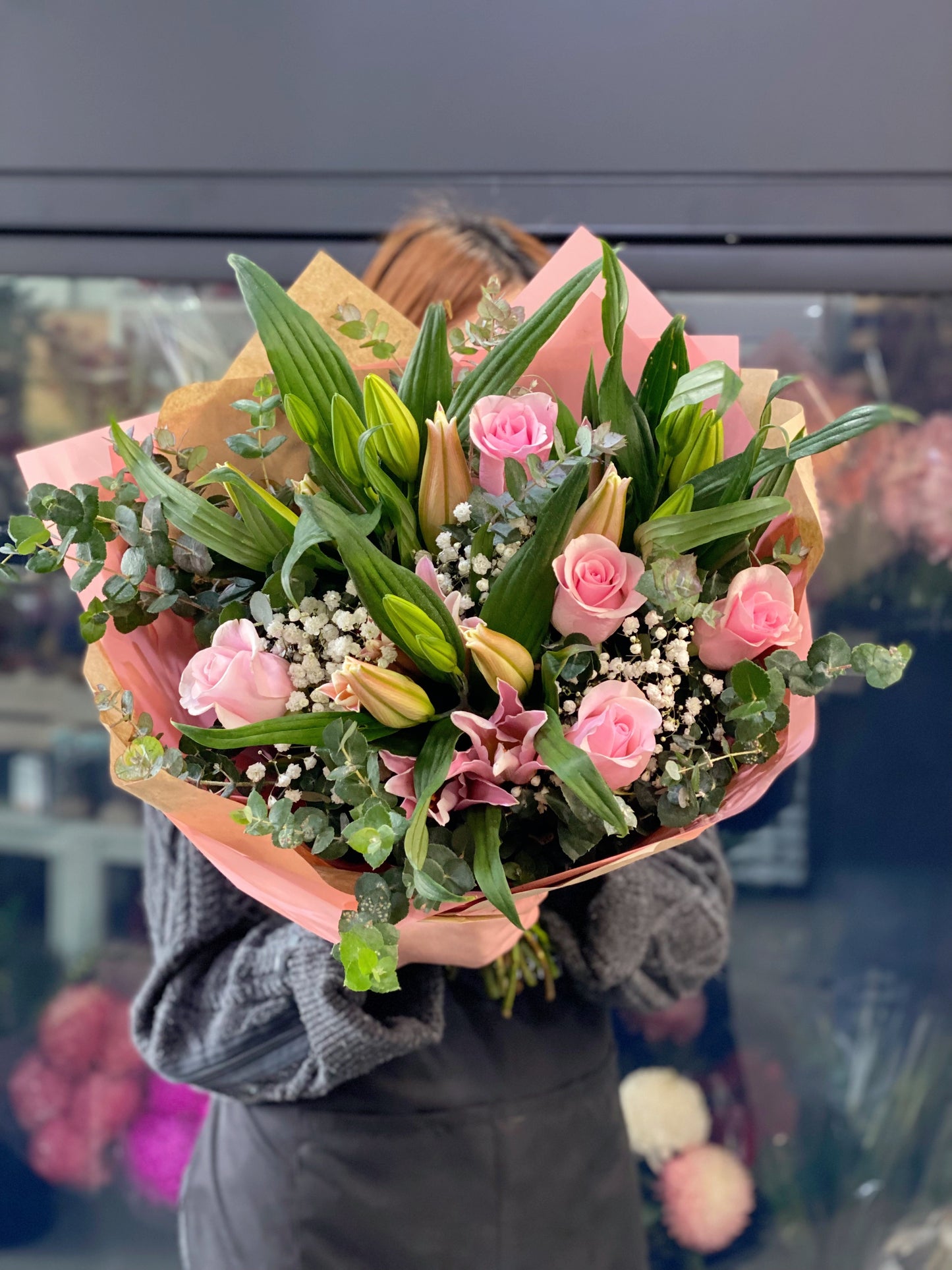 Classic oriental lily and rose bouquet PINK - Vermont Florist