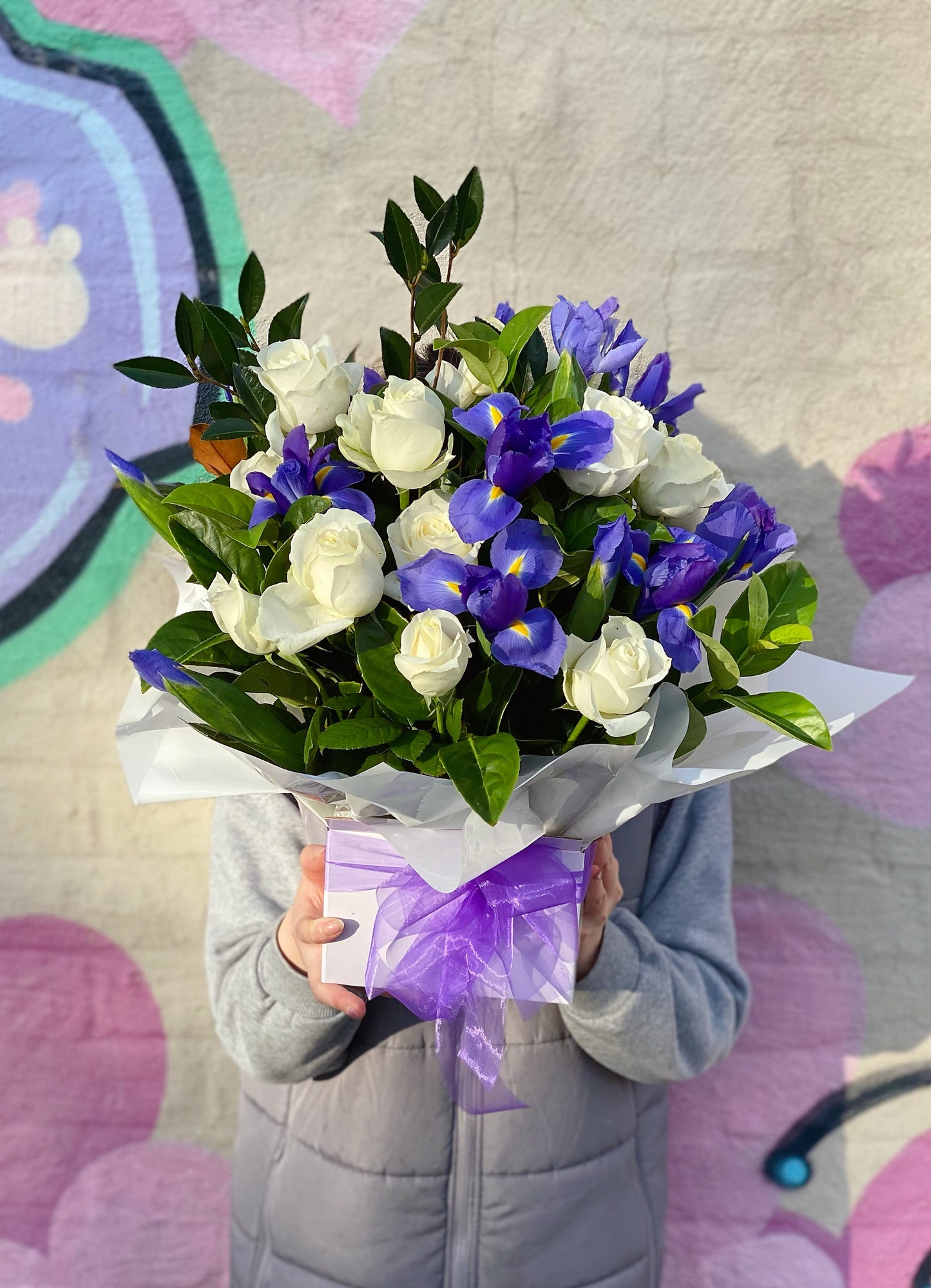 Elegancy (white rose and blue iris box) - Vermont Florist