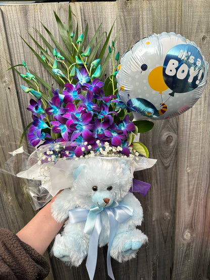 Baby boy blue orchid gift bundle - Vermont Florist