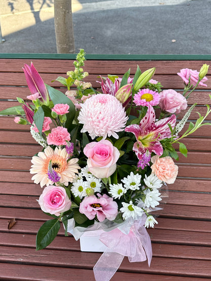 Mother’s Day box arrangement (pinky & white soft tone designer choice) - Vermont Florist