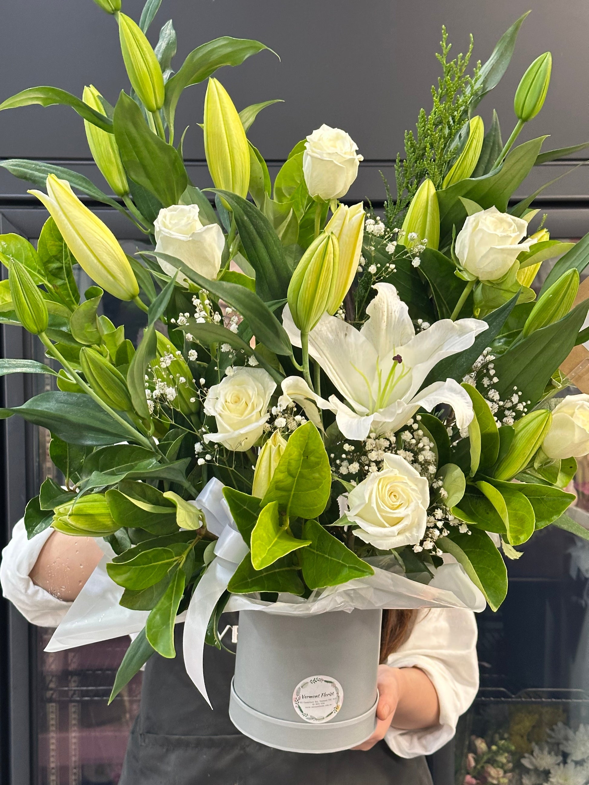 Scented oriental white lily with white rose in Hat Box - Vermont Florist