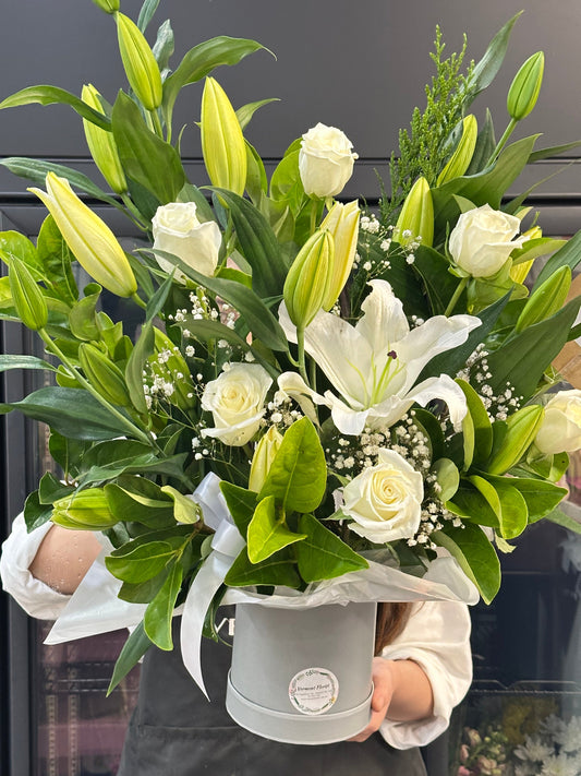 Scented oriental white lily with white rose in Hat Box - Vermont Florist