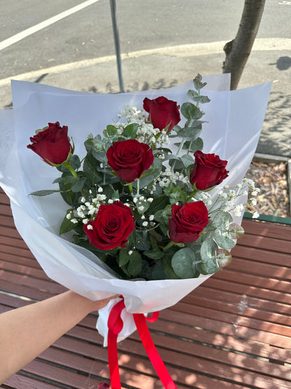 Romance Half Dozen long stem rose  (with baby's breath) - Vermont Florist