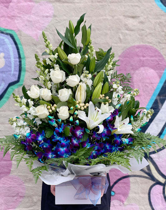 Deluxe size white and blue sympathy box arrangement - Vermont Florist
