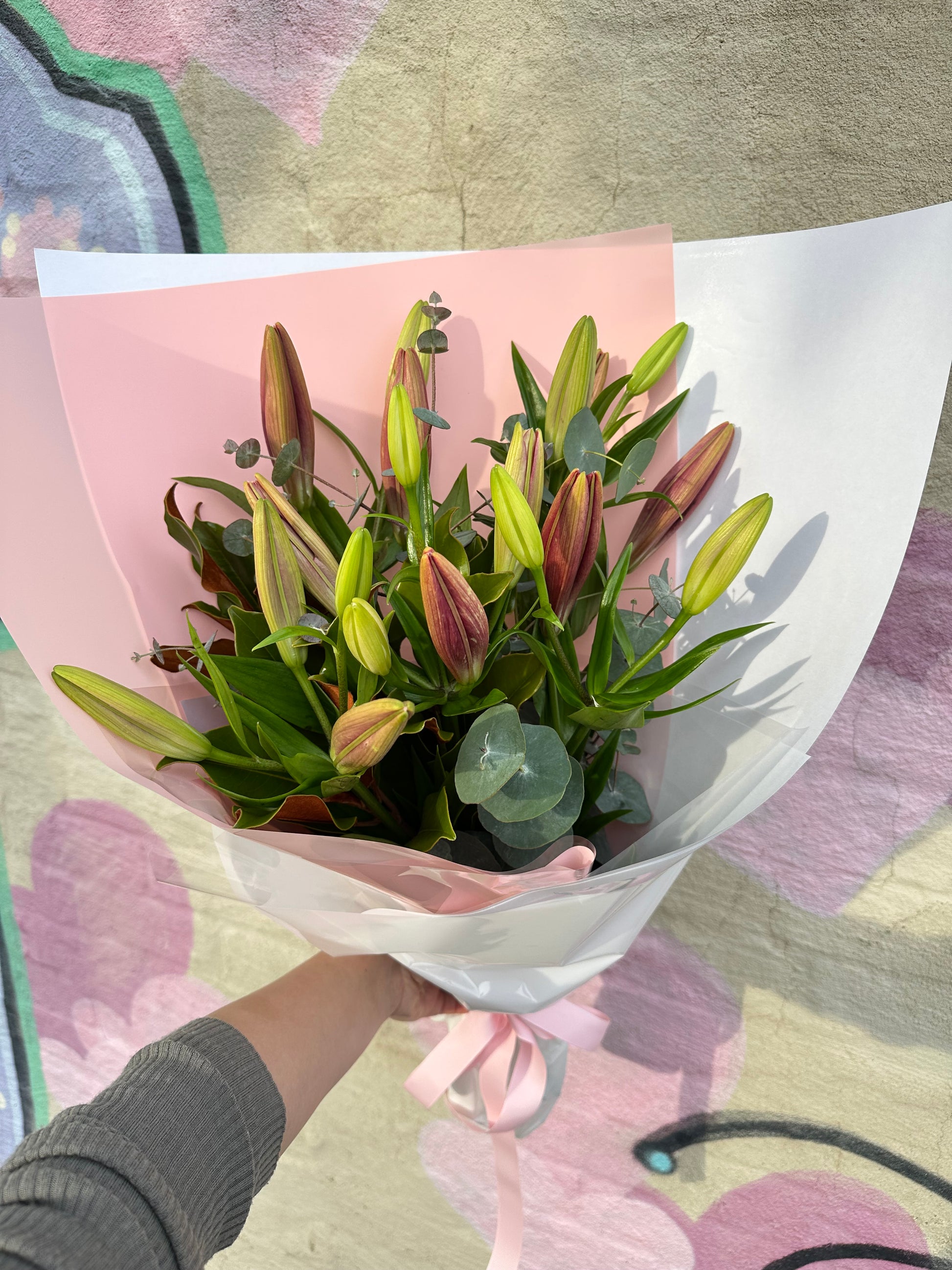 Asiatic lily bunch with seasonal greens - Vermont Florist