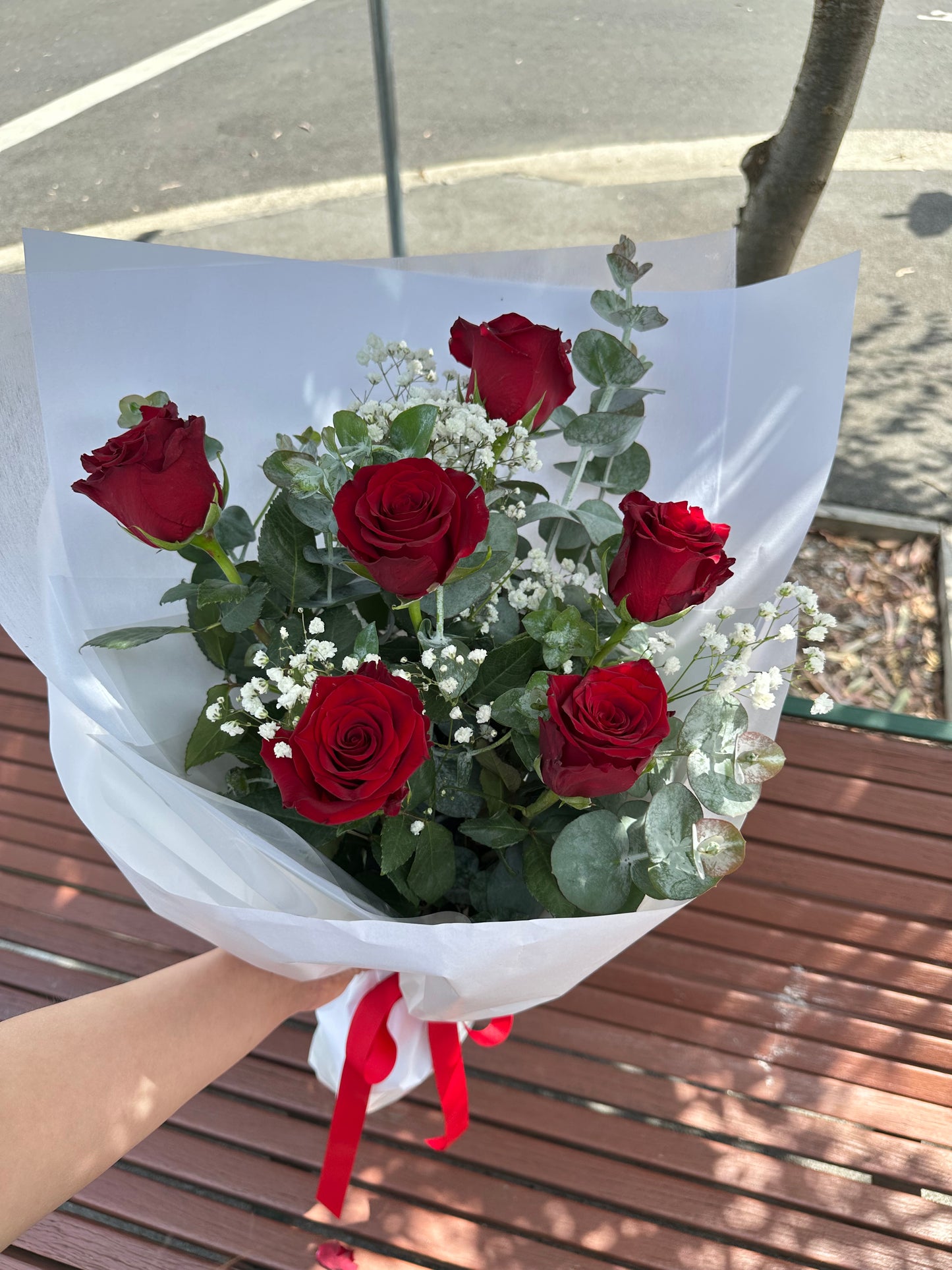 Romance Half Dozen long stem rose  (with baby's breath) - Vermont Florist