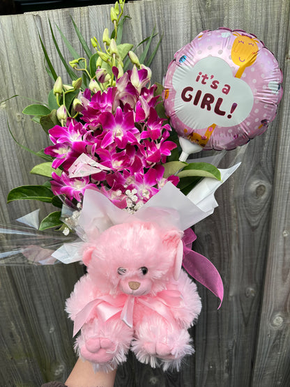 Baby girl hot pink orchid gift bundle - Vermont Florist