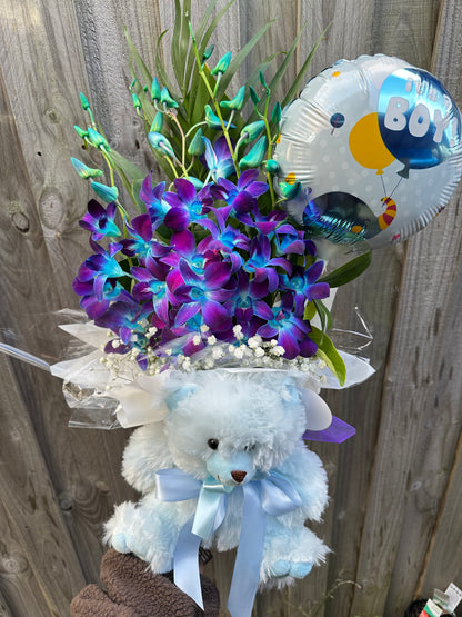 Baby boy blue orchid gift bundle - Vermont Florist