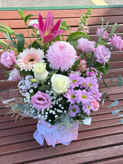 Mother’s Day box arrangement (pinky & white soft tone designer choice) - Vermont Florist