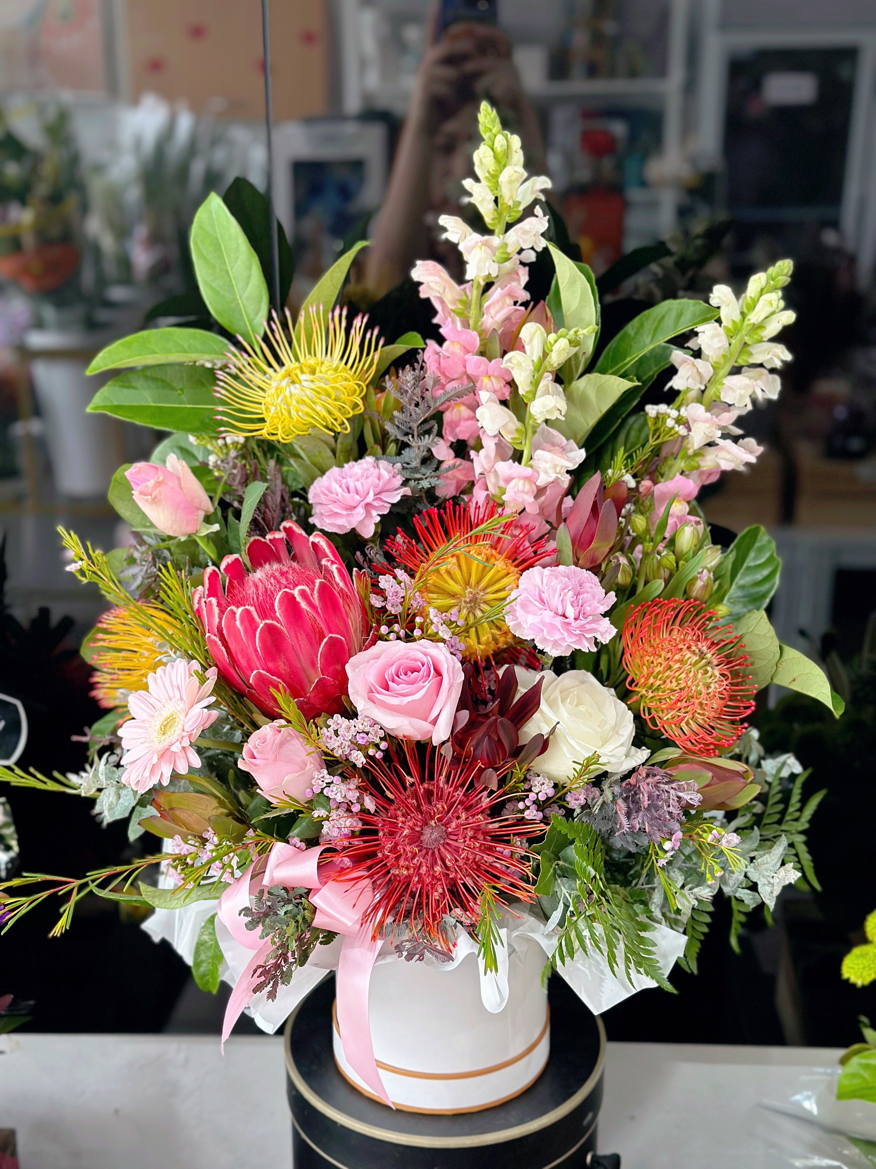 Seasonal native hat box arrangement (with seasonal fresh flowers) - Vermont Florist