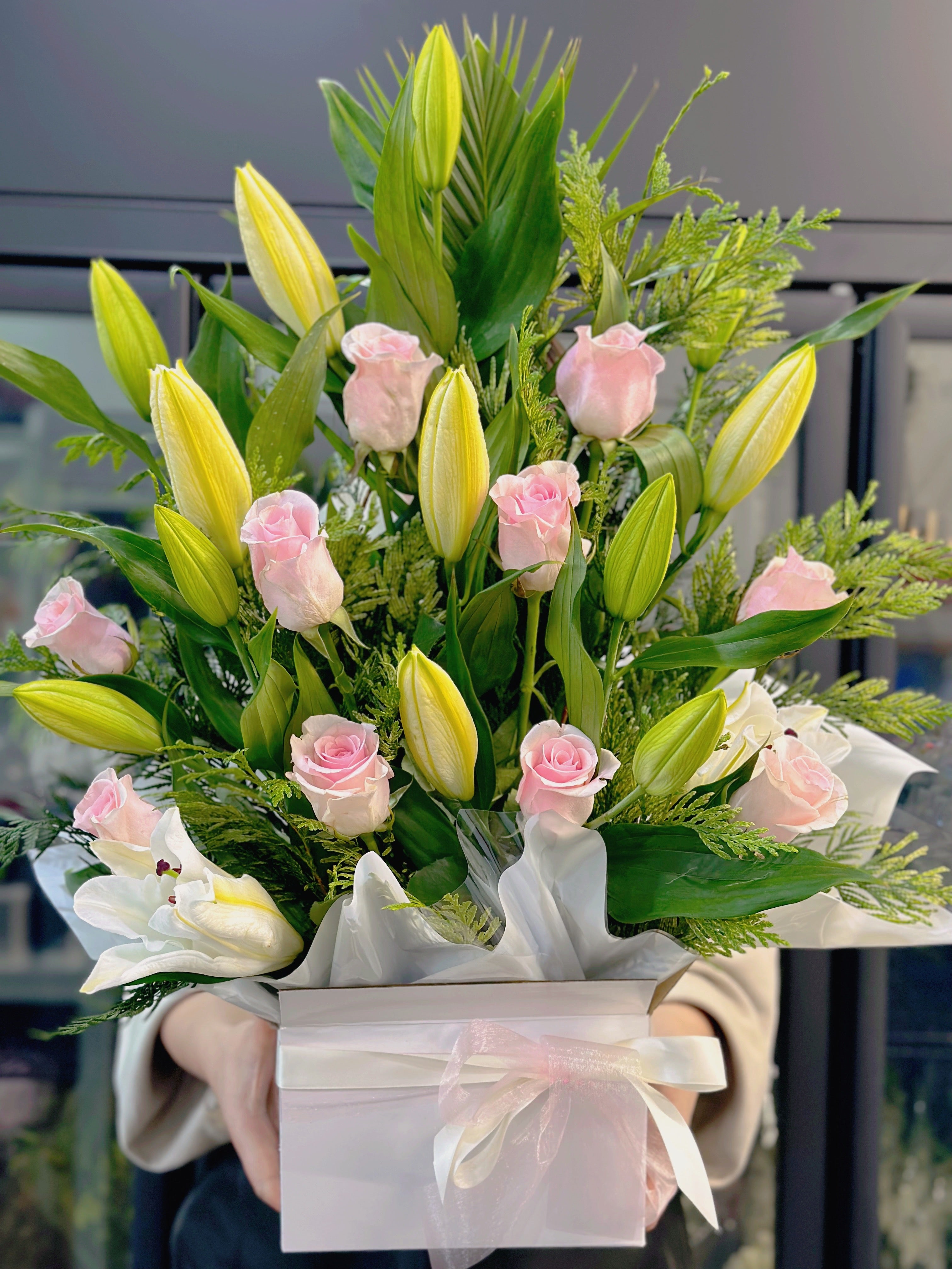 Blushing pink rose and white oriental lily arrangement - Vermont Florist