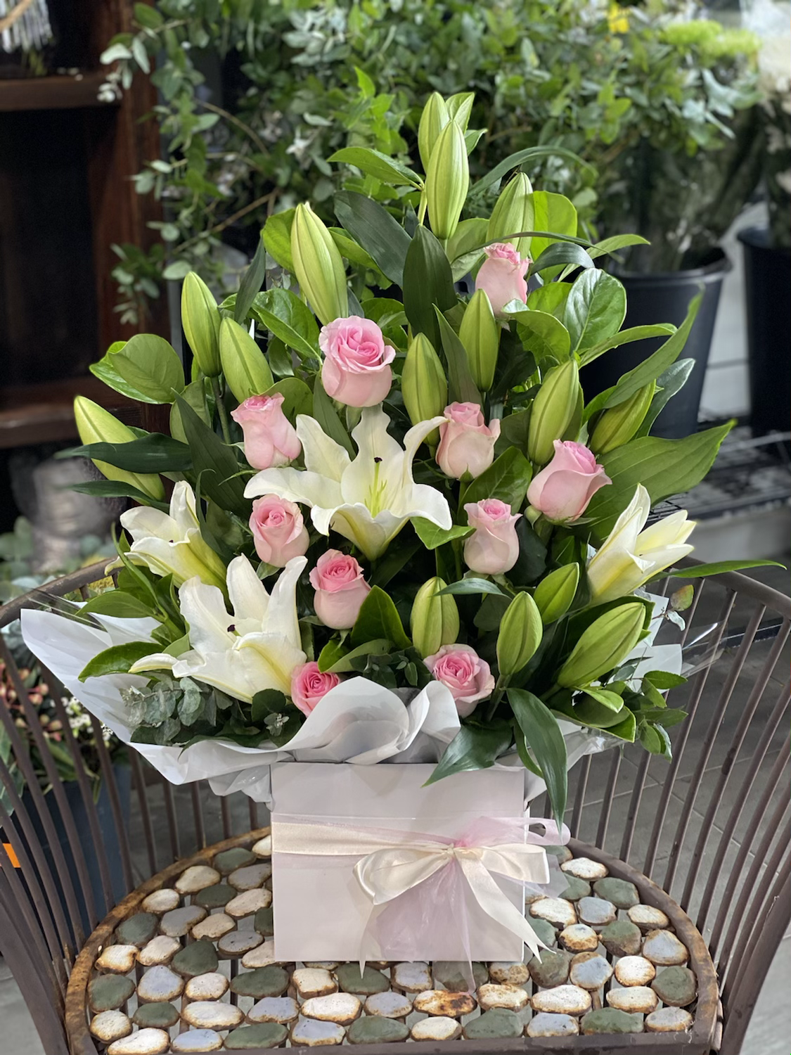 Blushing pink and white oriental lily arrangement - Vermont Florist