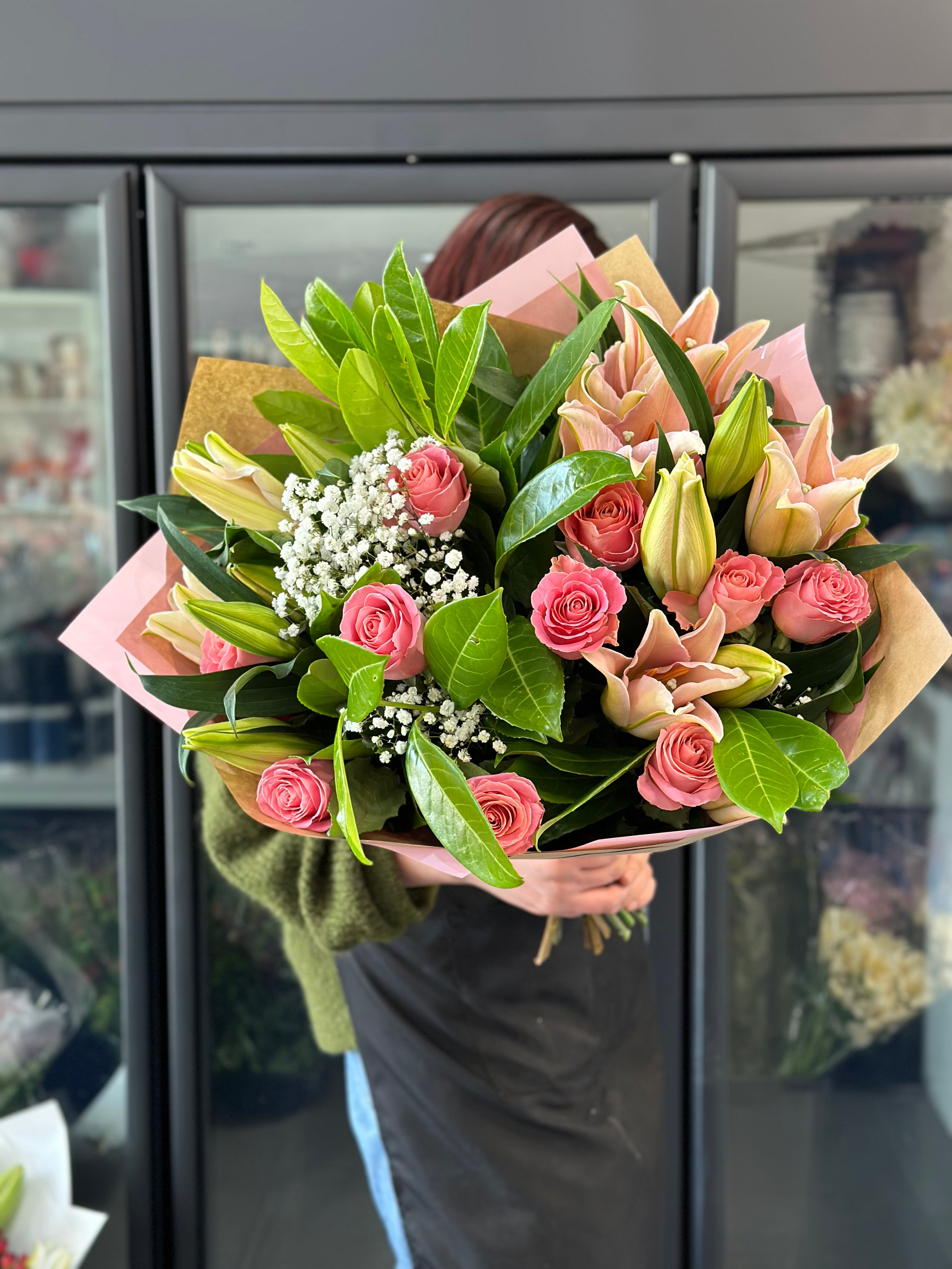 Classic oriental lily and rose bouquet PINK - Vermont Florist