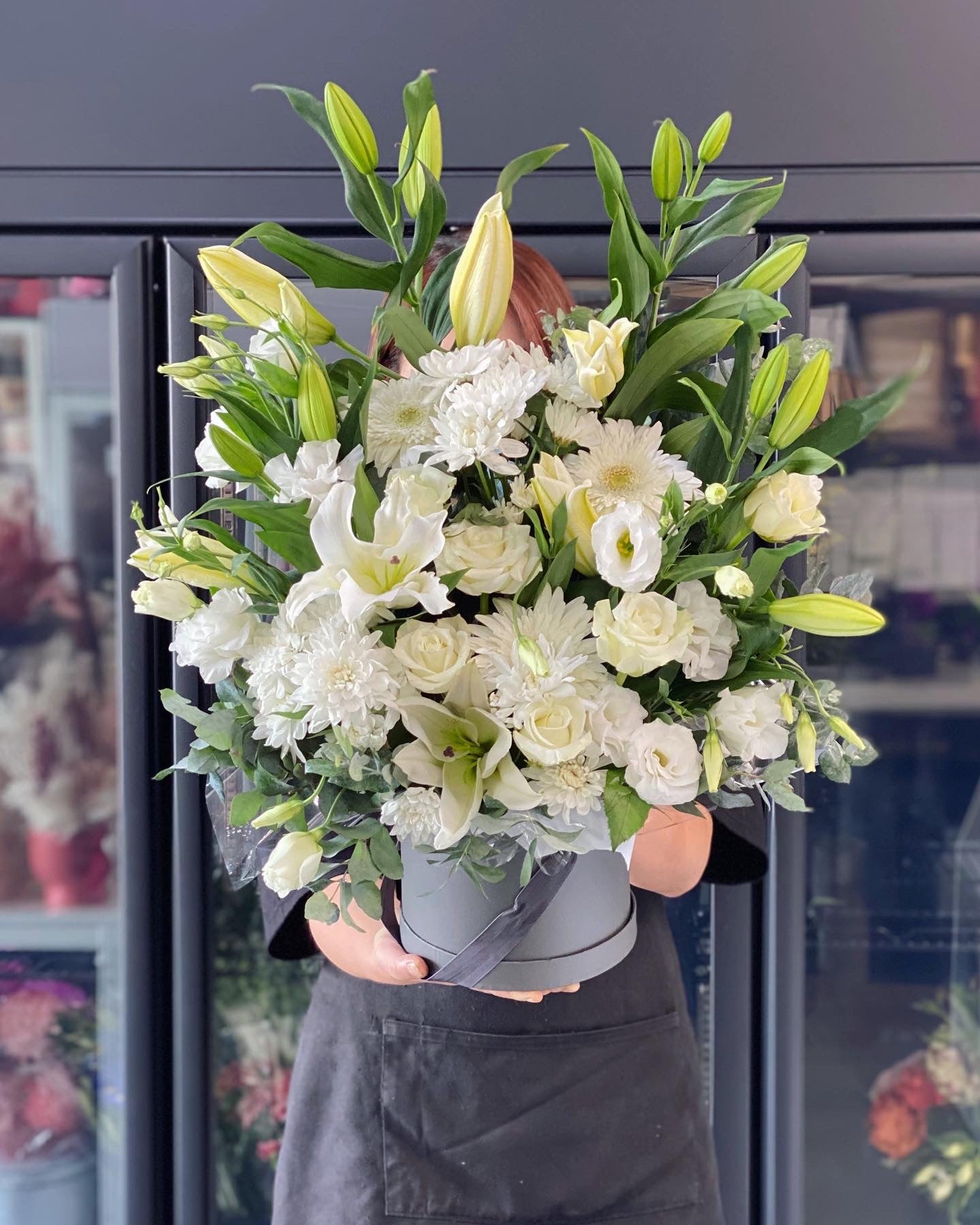 Luxury white sympathy hat box arrangement - Vermont Florist