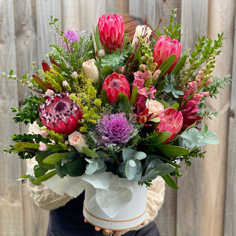 Seasonal native hat box arrangement (with seasonal fresh flowers)